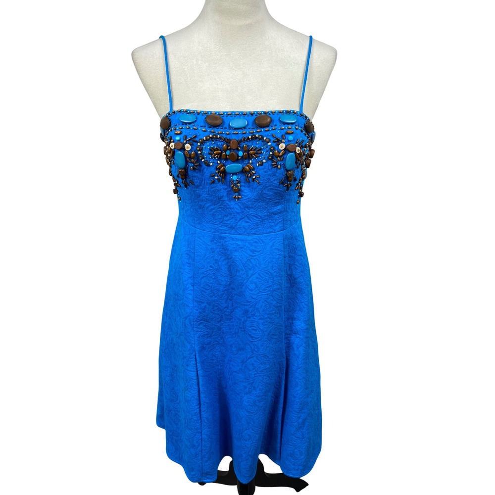 CHETTA B Beaded Dress Sleeveless Party Cocktail Summer Sun Dress Blue Size 6